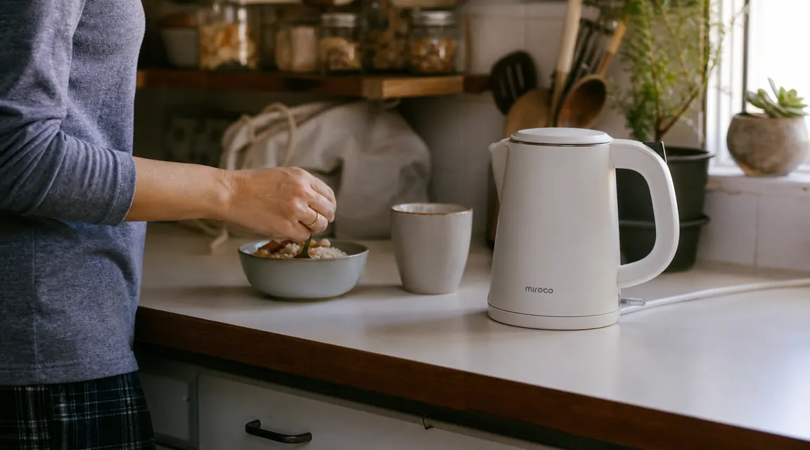 AZEUS electric kettle on a kitchen counter next to a bowl of oatmeal and a cup of instant coffee, showing everyday morning use