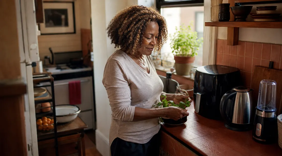 A woman in her fifties at a sunlit kitchen window with coffee and a journal, calm morning light