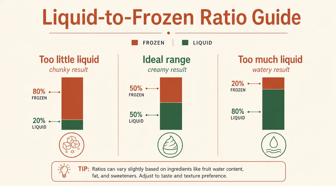 A chart showing liquid-to-frozen-fruit ratio for personal blenders, with the recommended range highlighted