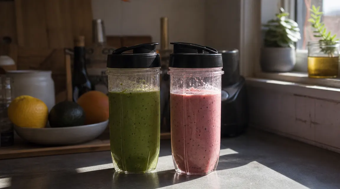Two smoothie cups lined up on a small counter, one green and one pink, ready to drink