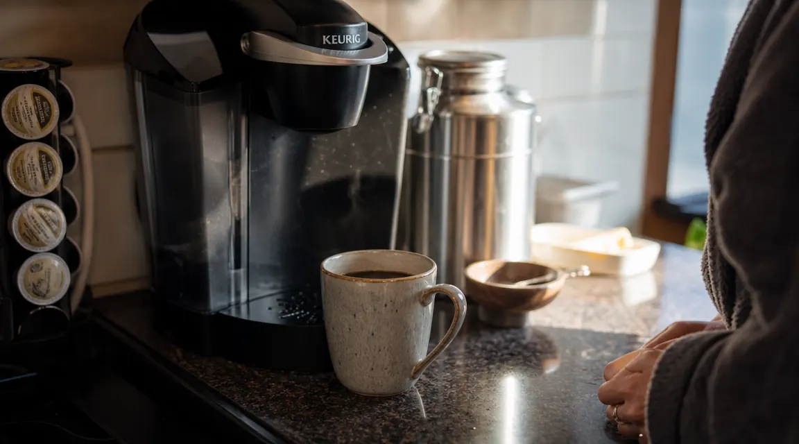 A mug of steaming coffee on a small apartment kitchen counter next to the Keurig K-Mini, morning light visible