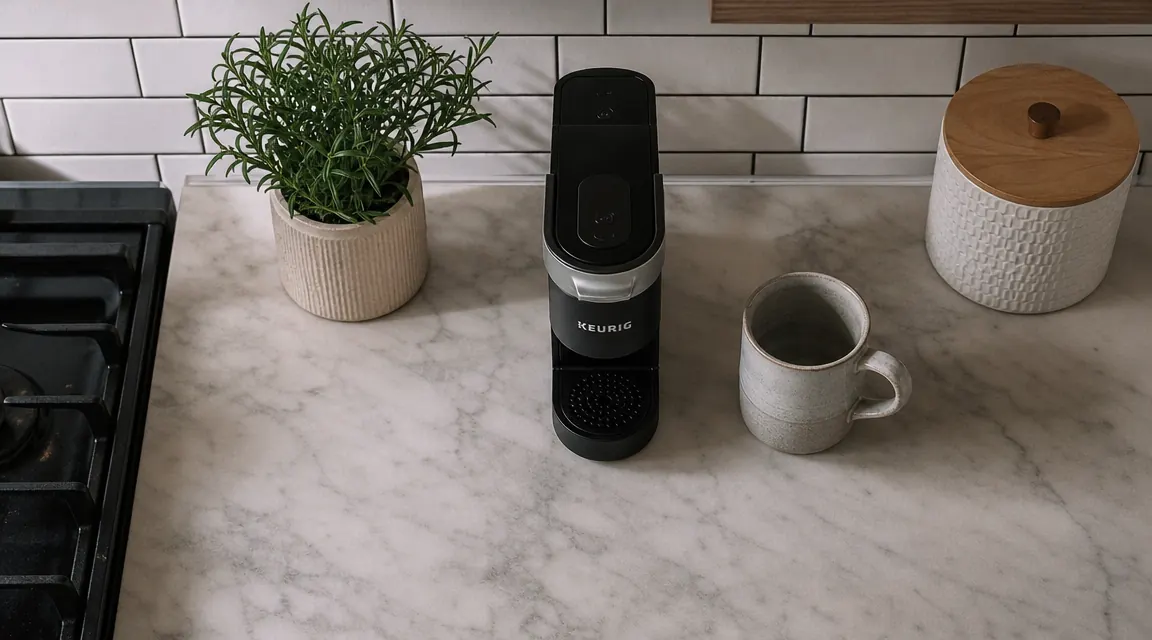 Overhead view of a tiny kitchen counter showing the Keurig K-Mini, a mug, and a small dish towel, demonstrating the compact footprint
