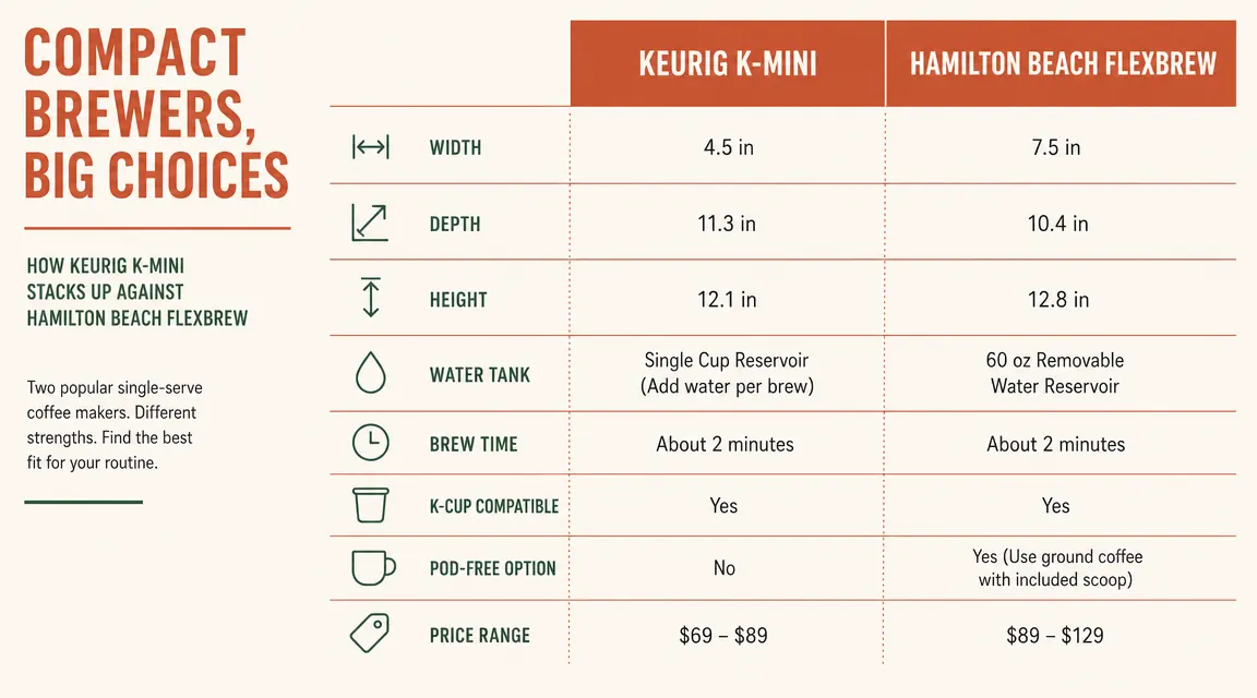 Side-by-side size comparison chart of the Keurig K-Mini and Hamilton Beach FlexBrew Single-Serve