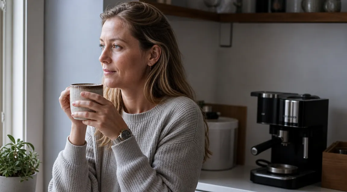 Person holding a freshly brewed mug of coffee in a small apartment kitchen with minimal counter clutter