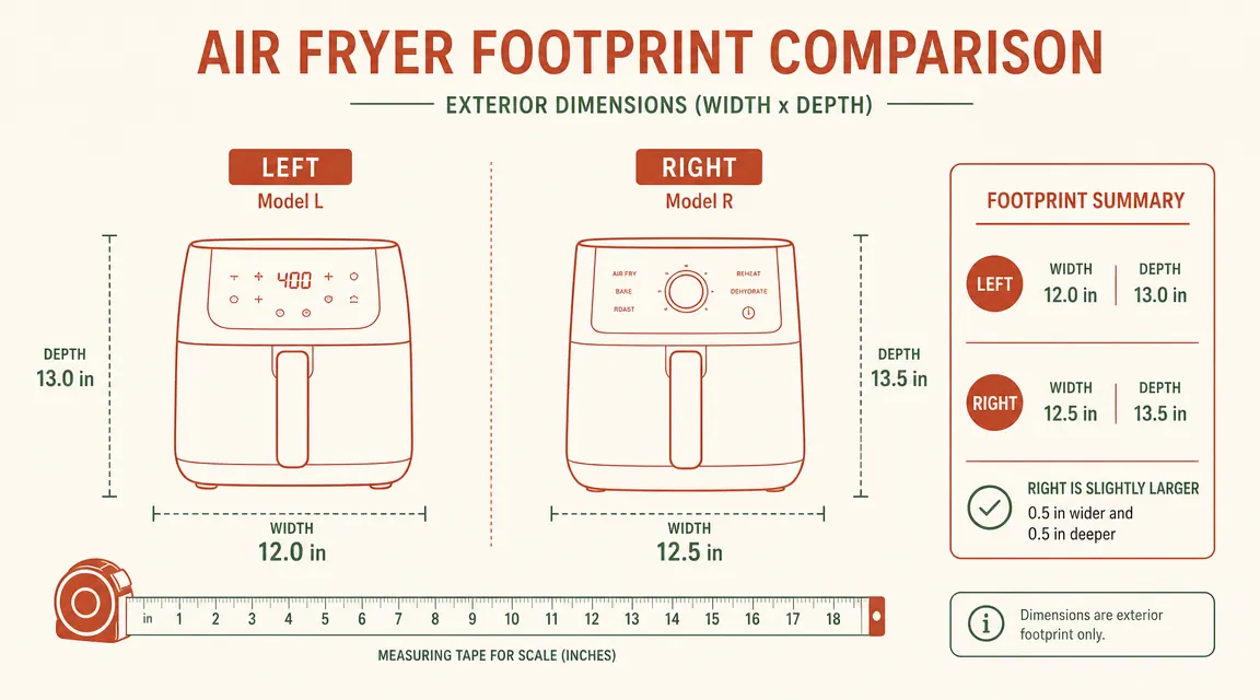 Side-by-side diagram showing the exterior dimensions of the Ninja AF101 versus the Cosori 4-quart air fryer
