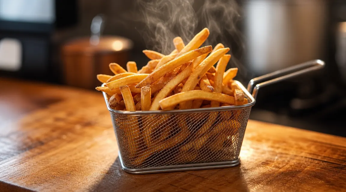Freshly cooked golden-brown frozen fries in an air fryer basket on a kitchen counter