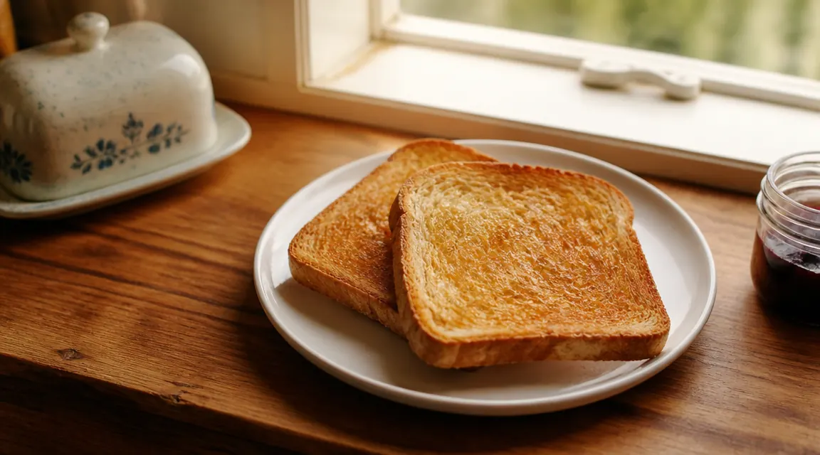 Slice of golden-brown toast on a plate beside the toaster oven, steam rising gently